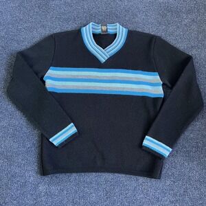 Striped Sweater Mens Medium Navy Blue V Neck Acrylic Made In USA Pullover